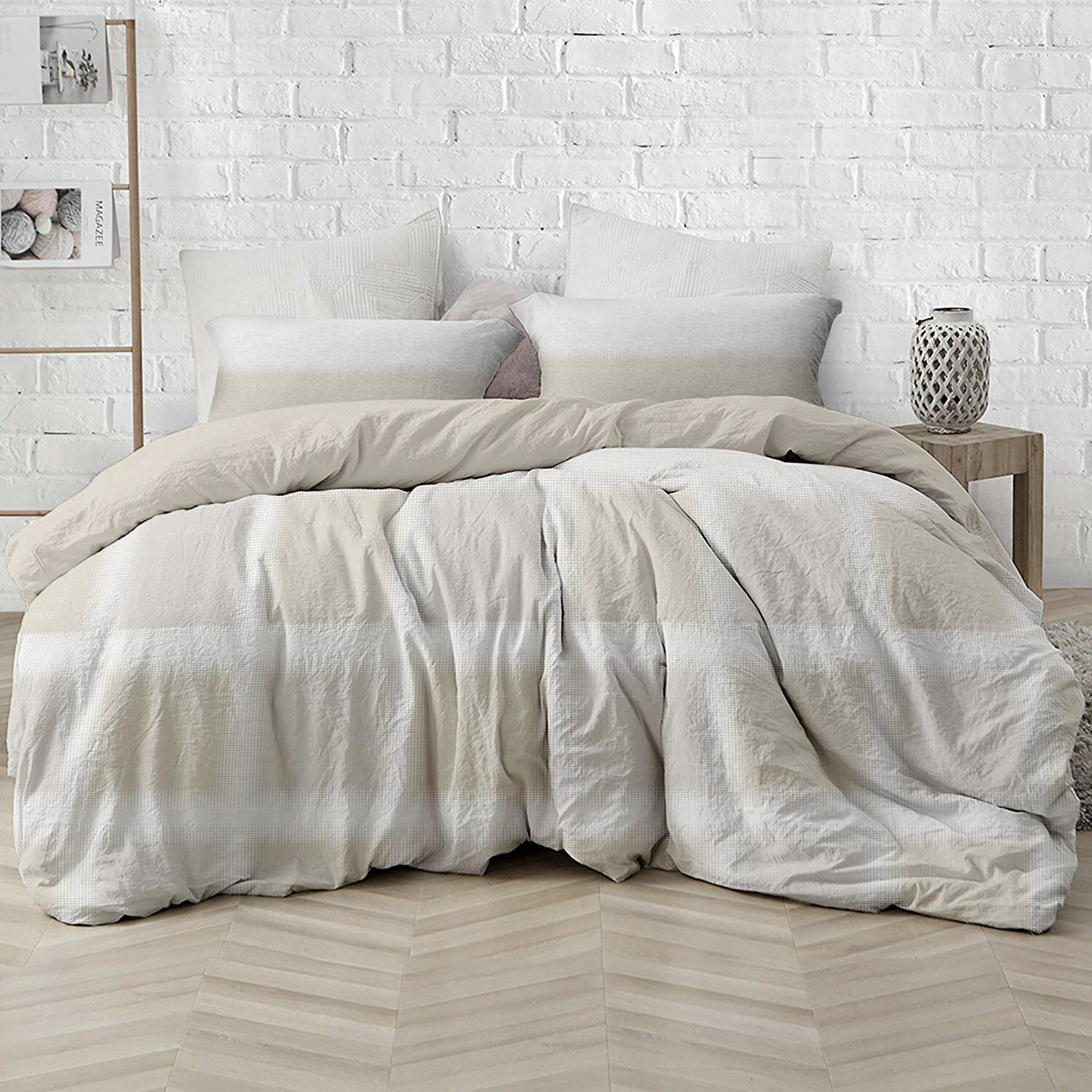 Delara GOTS Certified 100% Organic Cotton Check Reversible Print Duvet Cover and Sham Set of 2, Queen 88"X92", Beige