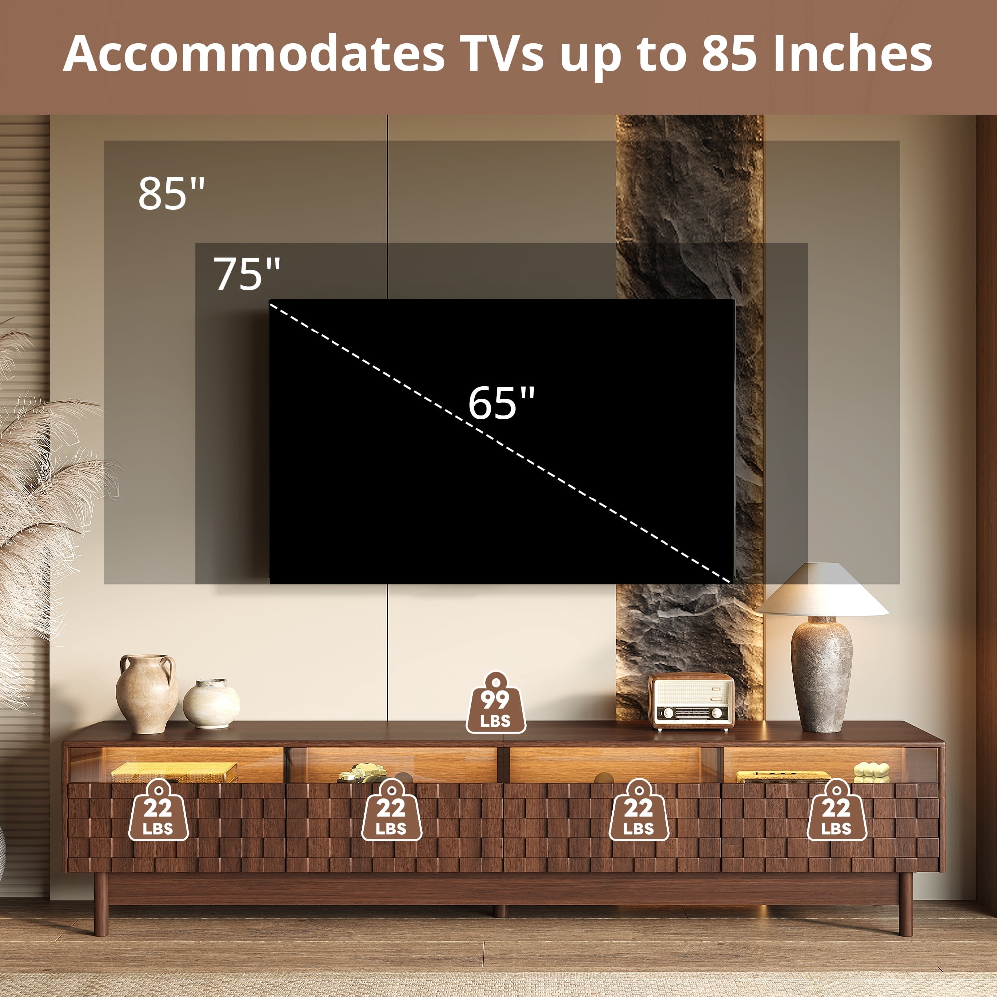 Homy Casa 78.7" Fluted TV Stand for TVs up to 85", Media Console with 4 Glass-Front Drawers, Walnut