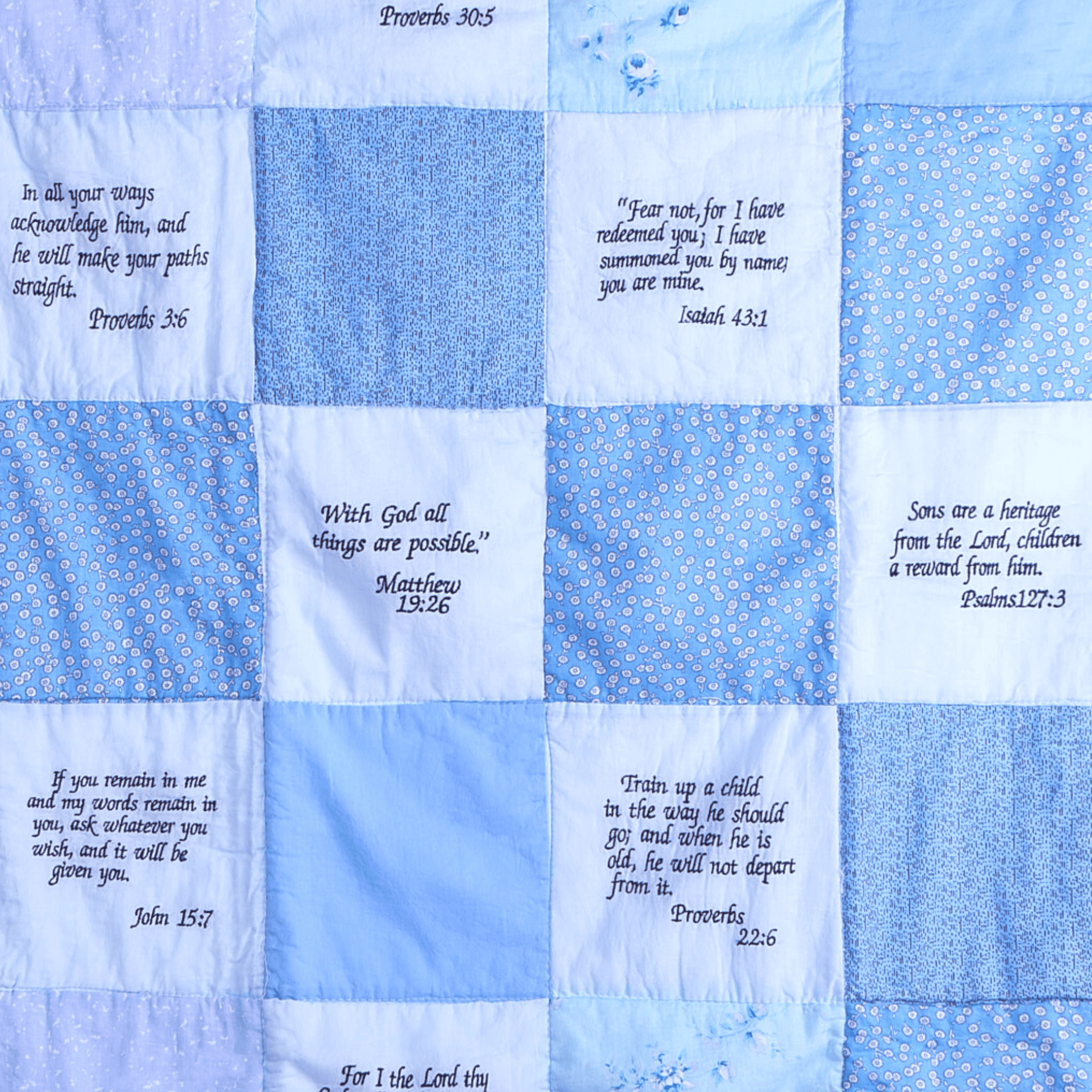 Embroidered Scripture Baby Quilt, Blue