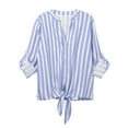 thumbnail image 7 of Tmtolofot Colorful Striped Shirts For Women 3/4 Sleeves Front Tie Tunic Blouse Female Stripes Modern Style Top Women's Casual V-Neck Tops Lightweight Comfy Pull-On Shirts,1_Blue,Medium, 7 of 7