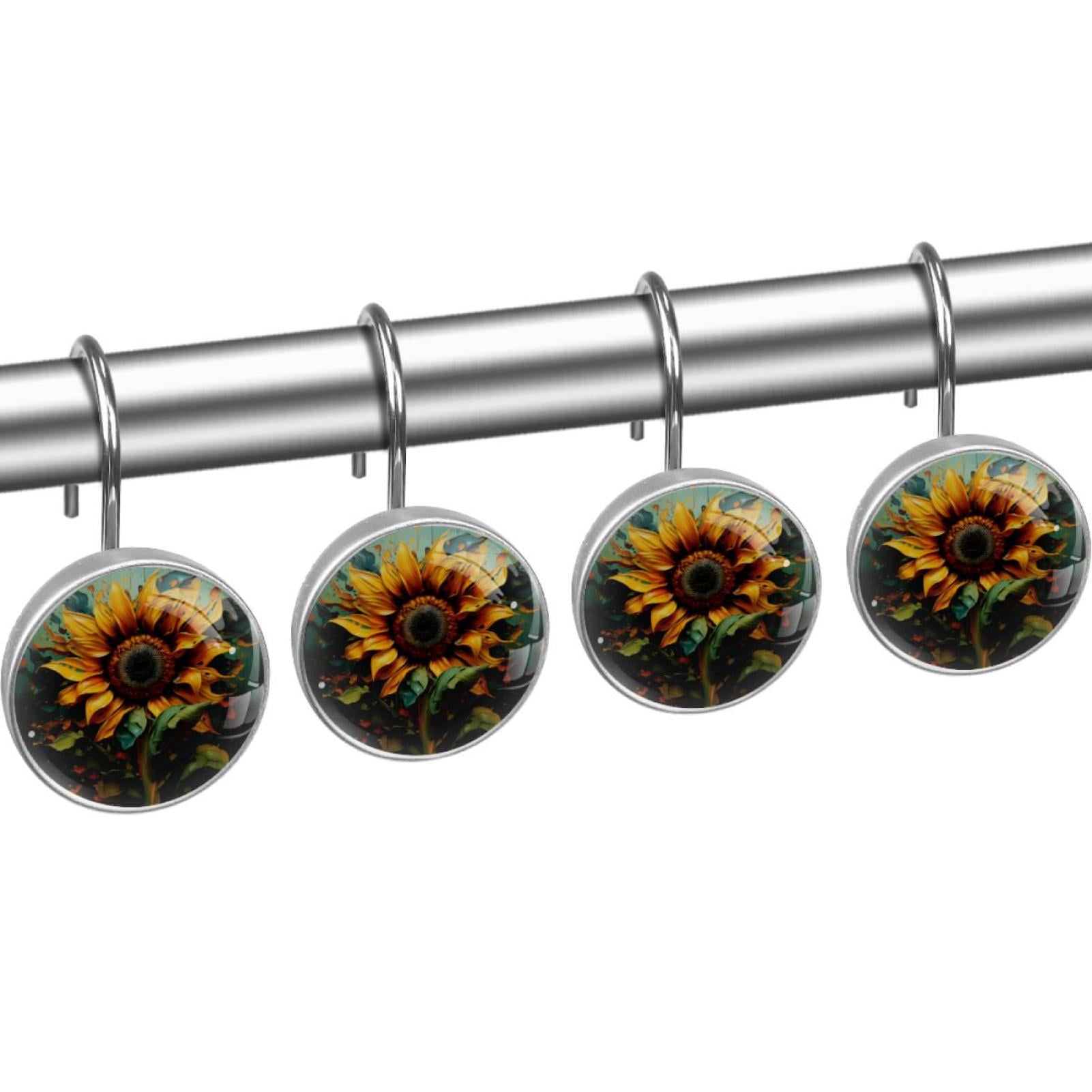 Sunflower Shower Curtain Hooks （Set of 12） for Home Hotel Shower Rods Bathroom Crystal Glass Print Stainless Steel Round Curtain Hooks