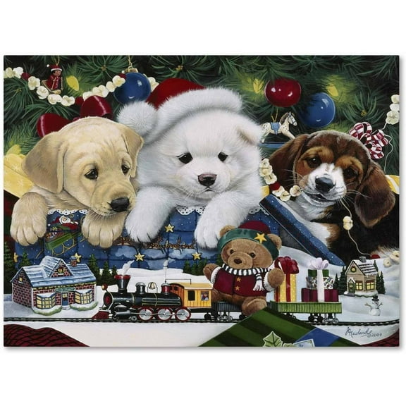 Trademark Fine Art 'Curious Christmas Pups' Canvas Art by Jenny Newland