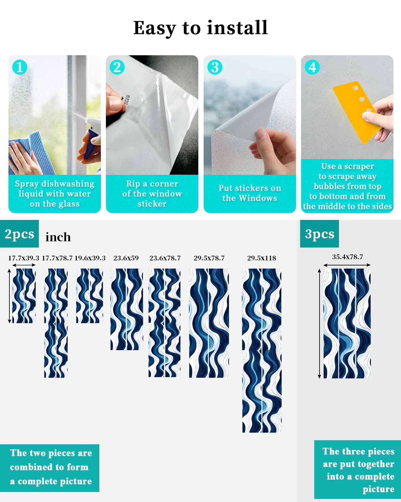 Window Privacy Film Blue Stripe Stained Glass Window Film Decorative Sun Block Window Cover Geometric White Coastal Wave Modern Ocean Window Clings Static Adhesive Sticker for Bathroom 35.4"x78.7"