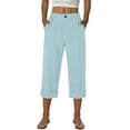 thumbnail image 3 of High Waist Capriss New Women’s Elastic Waist Capris Fashion Straight Leg Cropped Pants with Button Decor Loose Casual Rolled Hem Capris Pants Light Blue XXL, 3 of 5