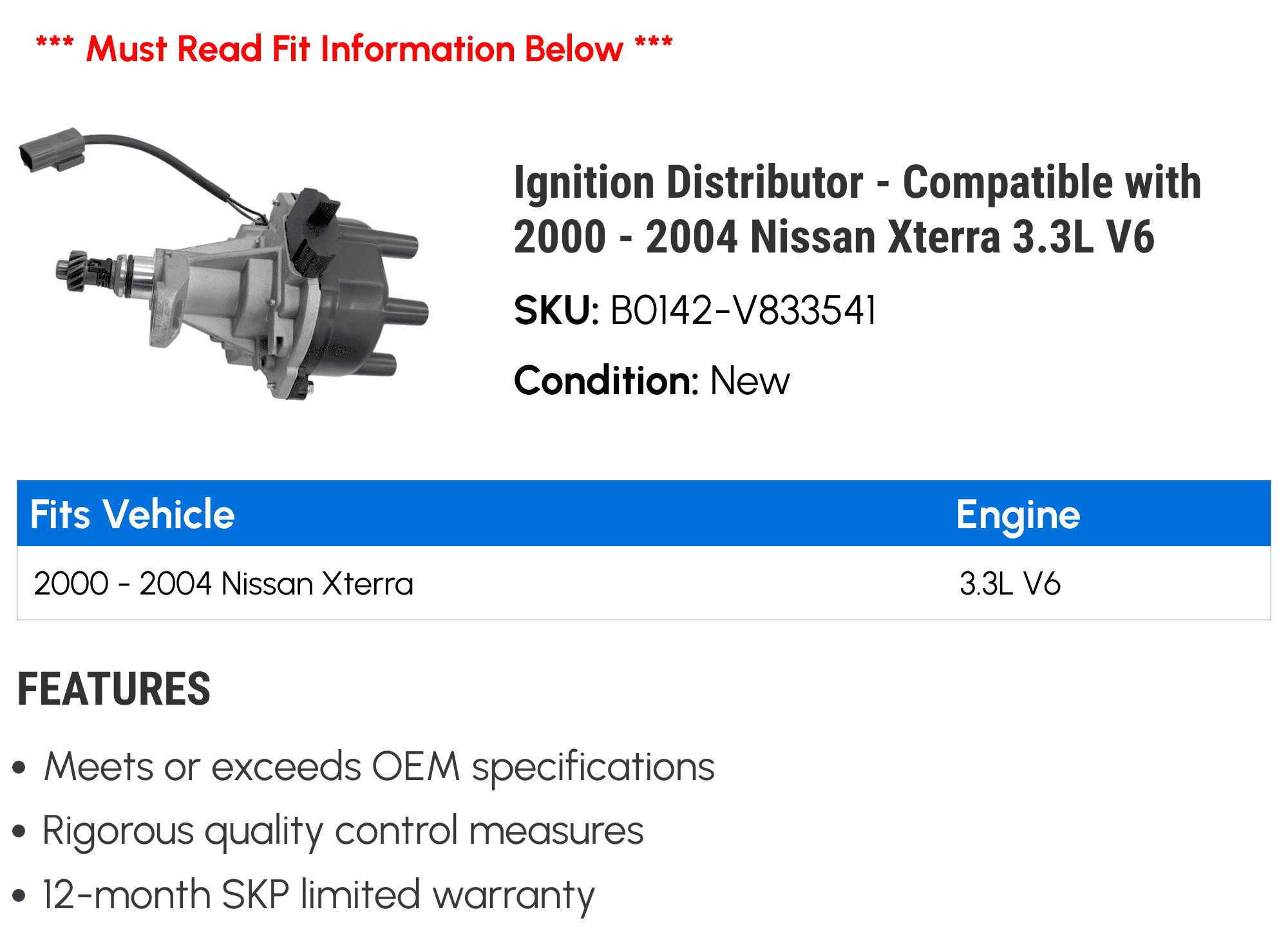 Ignition Distributor - Compatible with 2000 - 2004 Nissan Xterra 3.3L V6 2001 2002 2003