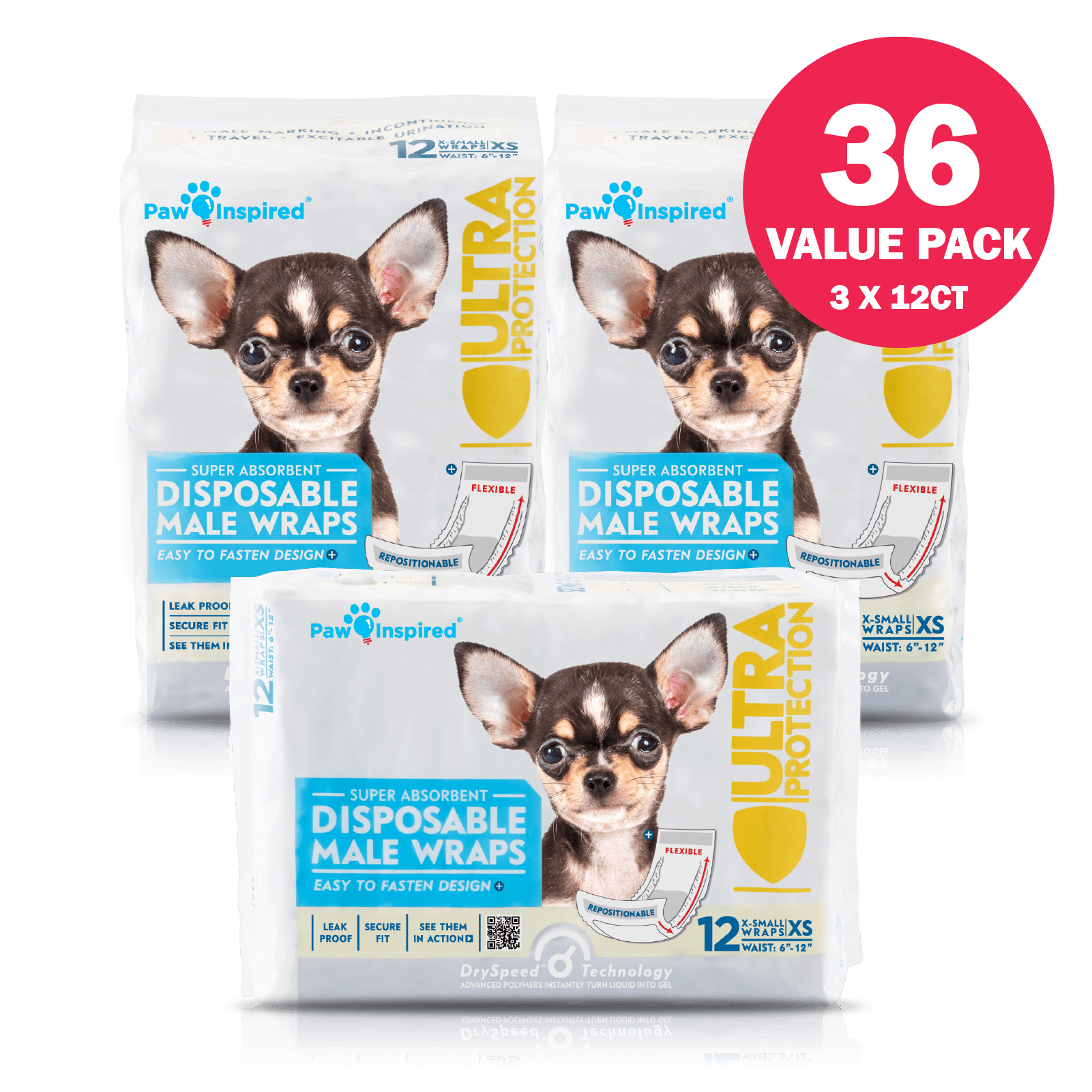 Paw Inspired 36ct Disposable Male Dog Wraps, Belly Band for Dogs Disposable Dog Diapers