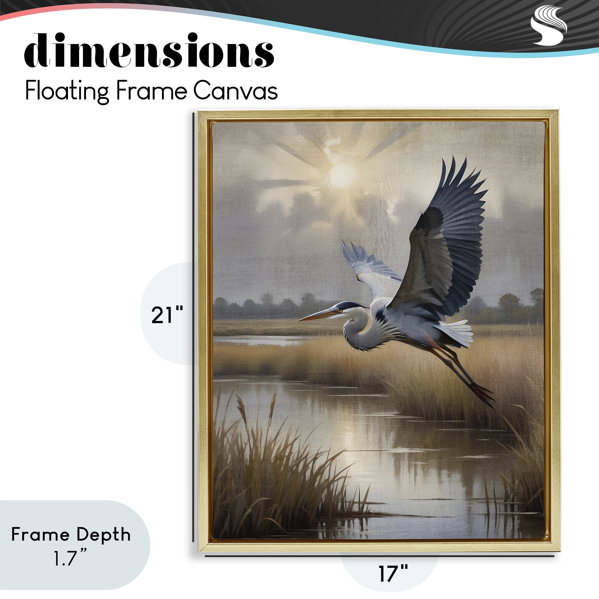 Stupell Industries Heron Flight over Wetlands Gold Framed Floater Canvas Wall Art, design by Susan Arnot