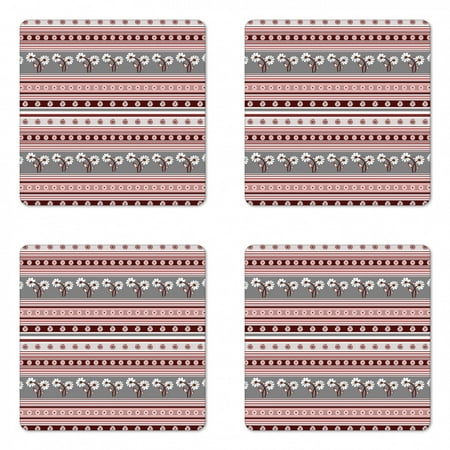

Floral Coaster Set of 4 Various Spring Flower Motifs on Striped Background Geometric Illustration Square Hardboard Gloss Coasters Standard Size Grey Pink Burgundy by Ambesonne