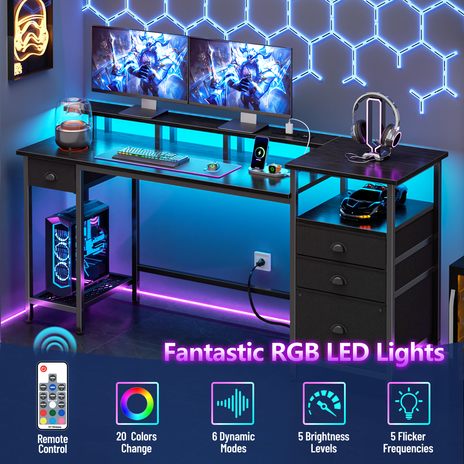 Satifur 61" Computer Desk with Drawers, LED Lights and Power Outlet photo 4