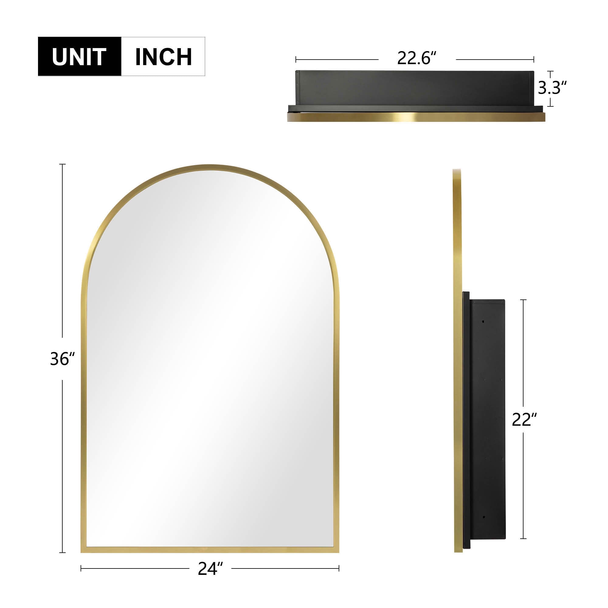 MAYEERTY 36x24x5 Inch Gold Metal Right Angle Arched Medicine Cabinet, Single Piece for Bathroom