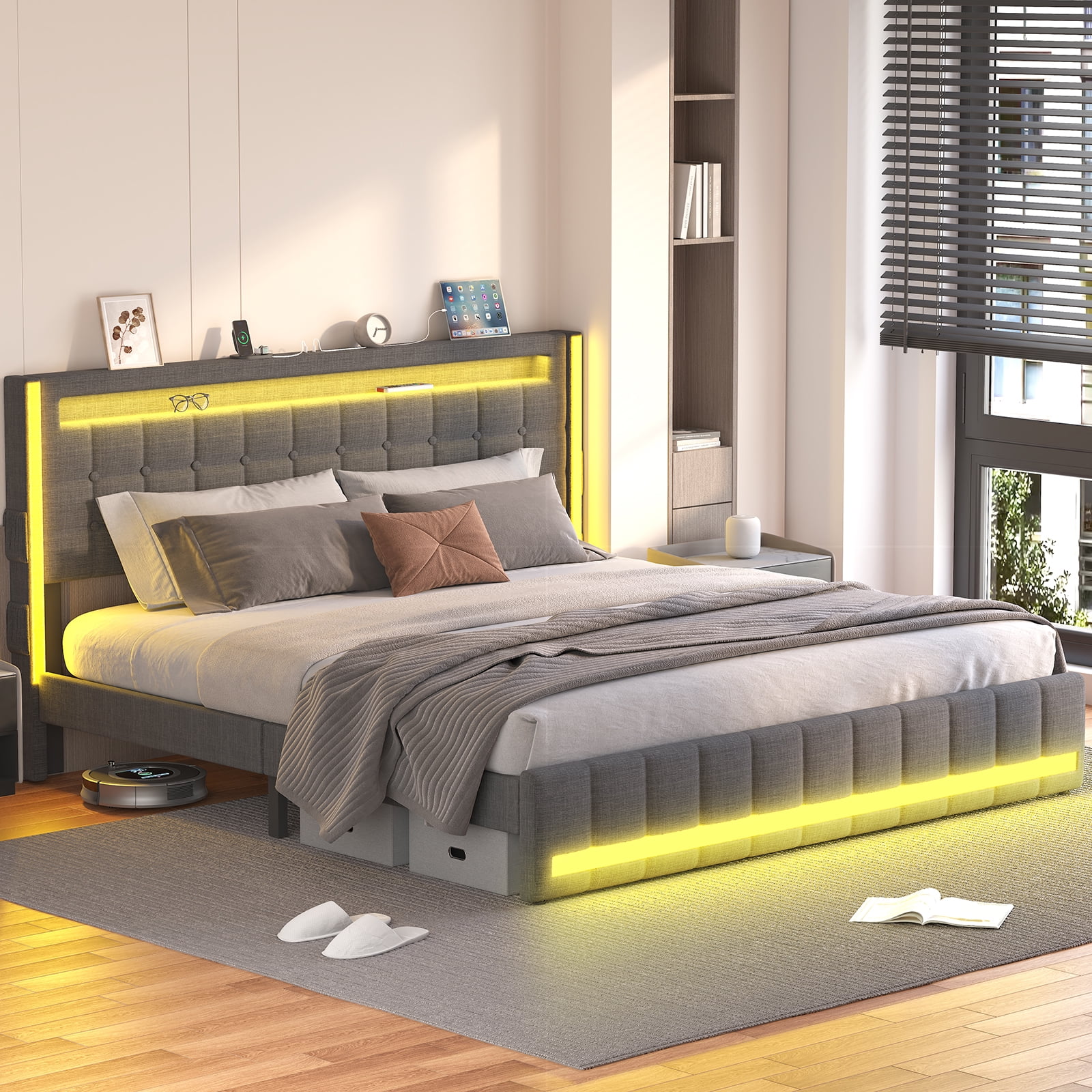 Queen Bed Frame with Adjustable Headboard & LED Lights, Upholstered Platform Bed Frame Queen Size with Type-C & USB Charging Station, Heavy Duty Metal Bed Frame, No Box Spring Needed, Dark Grey