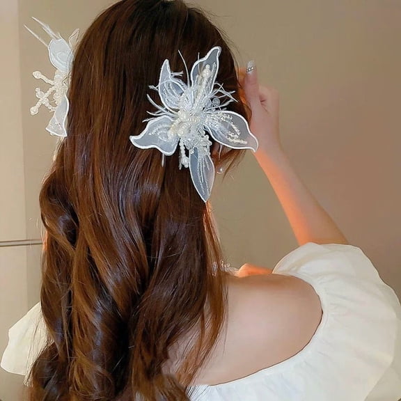 UNLLLL Pearl Embellished Large Crystal Flower Hair Clip, Feather Lace Floral Barrettes, Bridal Wedding Hair Accessory, for Daily Travel and Special Occasions (White)