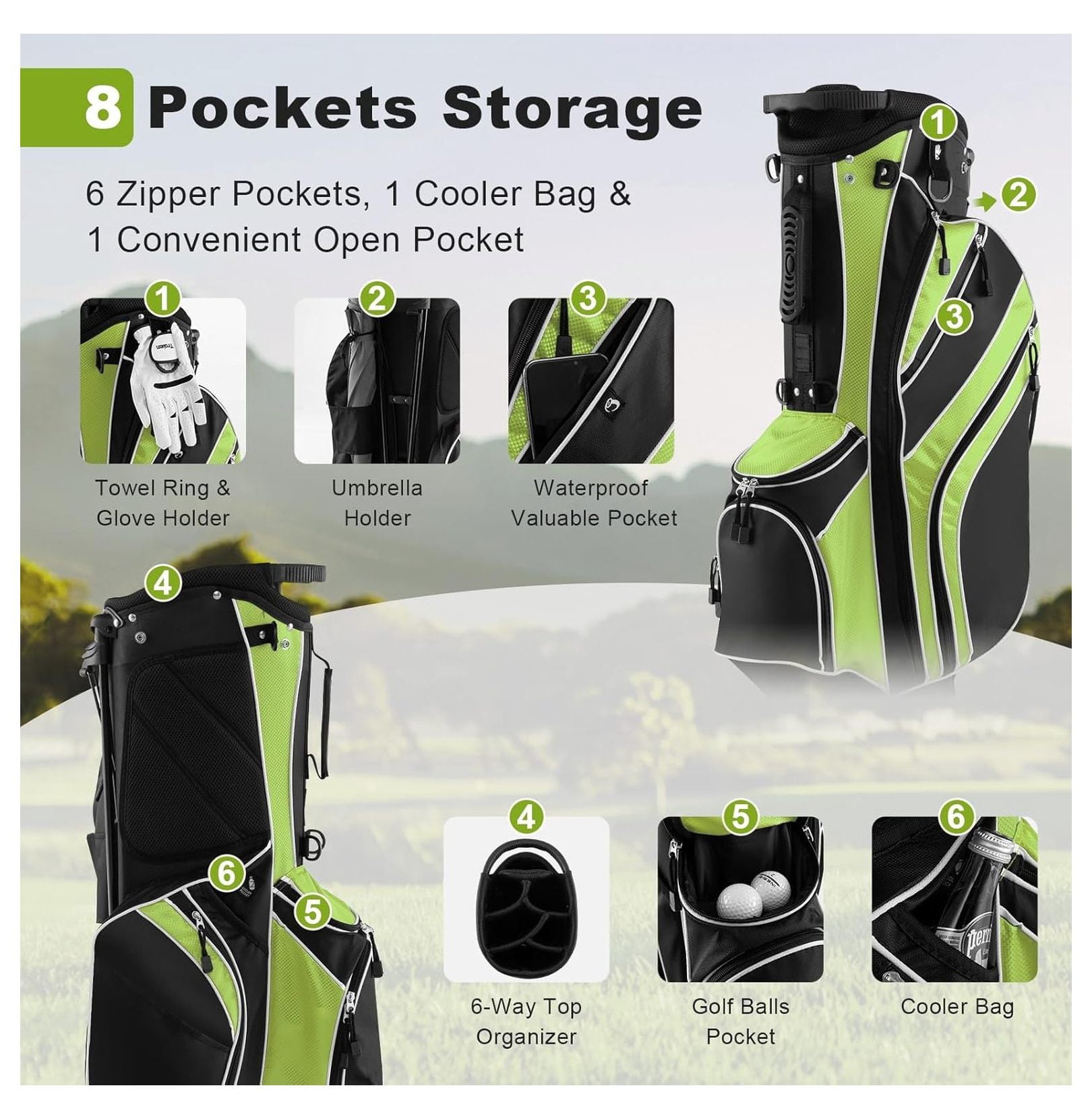 Golf Stand Bag 6 Way Divider, 8 Pockets Lightweight Golf Bag with Rain Hood & Umbrella Holder for Men Women
