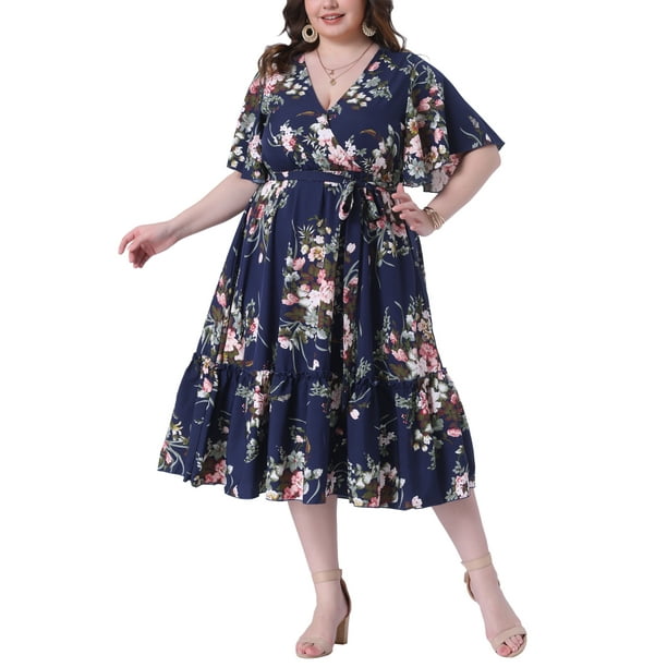 Vestido de verano para mujer de tallas grandes Agnes Orinda, con flores, de capas, con escote en V, mangas cortas con volantes, vestido maxi casual con cinturón 4X azul marino