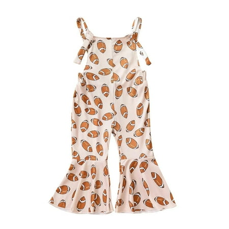 

Toddler Girl Strap Jumpsuit 12 18 24M 3 4T Sleeveless Backless Football Print Romper Bell-Bottoms