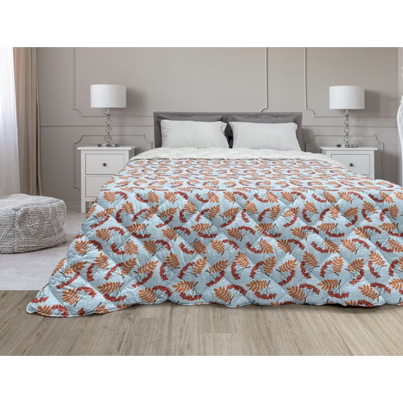 Rowan Down Alternative Comforter, Wilderness Rural Nature Theme in Autumn Season Rowan Flora Plant Shrubs, Microfiber Quilt for All Season, 5 Sizes, Green Orange Yellow, by Ambesonne