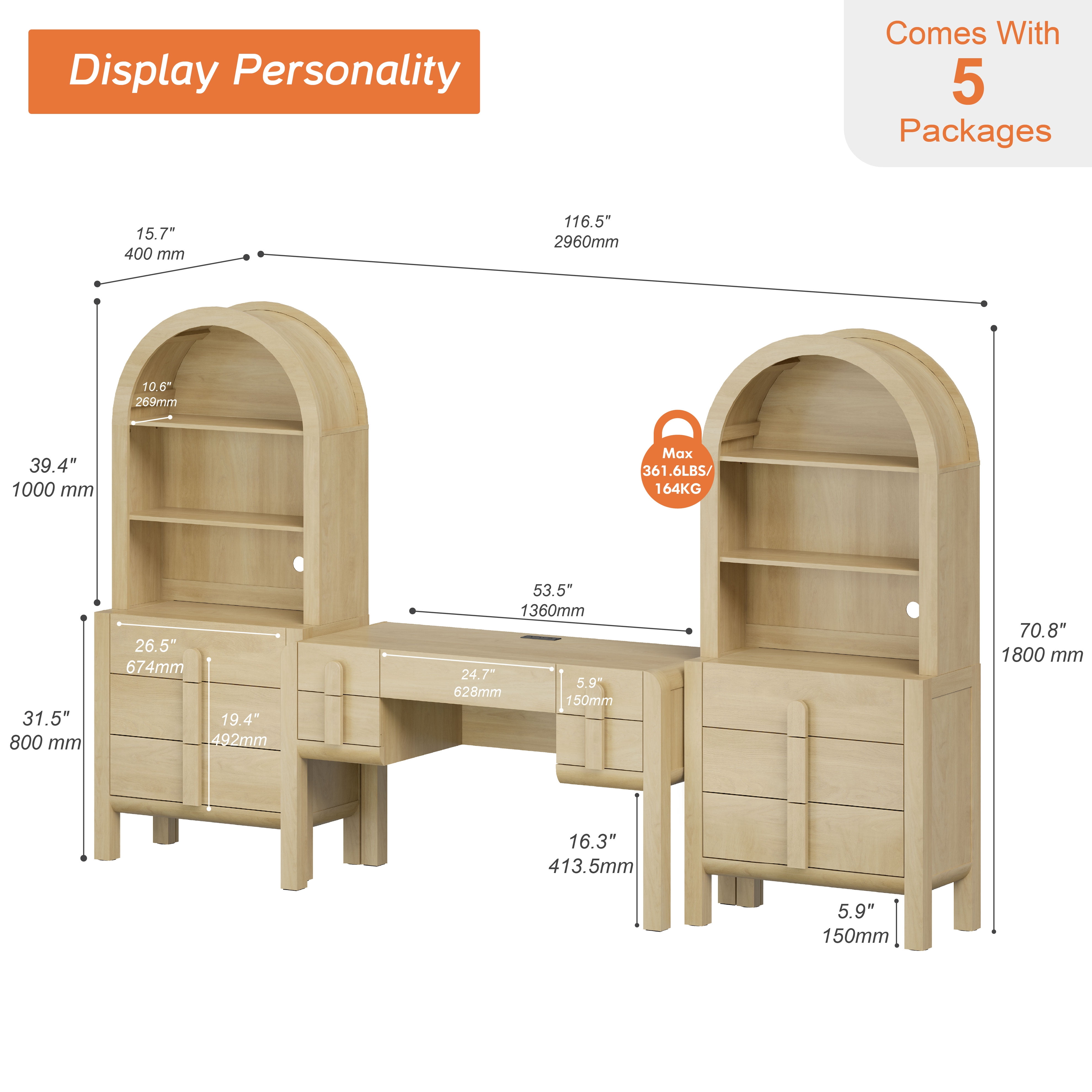 Home Office Set, 53.5" Modern Executive Desk with Charging Station and Drawers & 2 Piece 71"H Tall 3-Tier Arched Bookcases with Open Storage for Living Room, Bedroom, Home Office