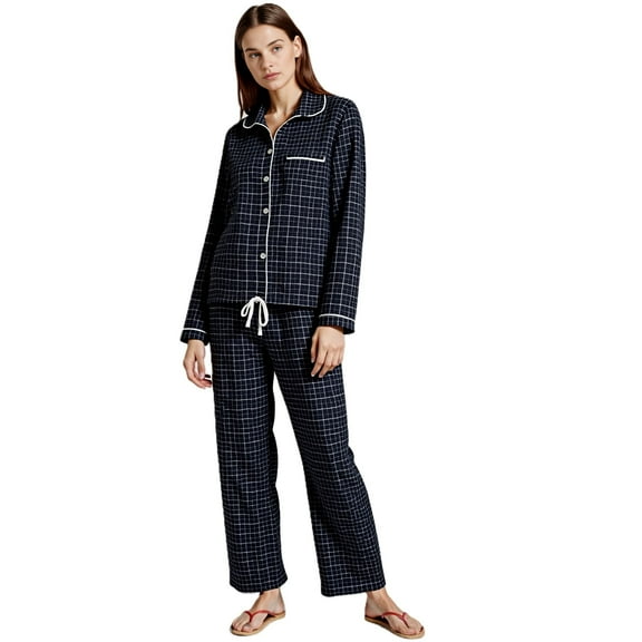 Big Feet Pajama Co. Women's Brushed Cotton Plaid Flannel Sleepwear Sets, Black & White, 1-Pack