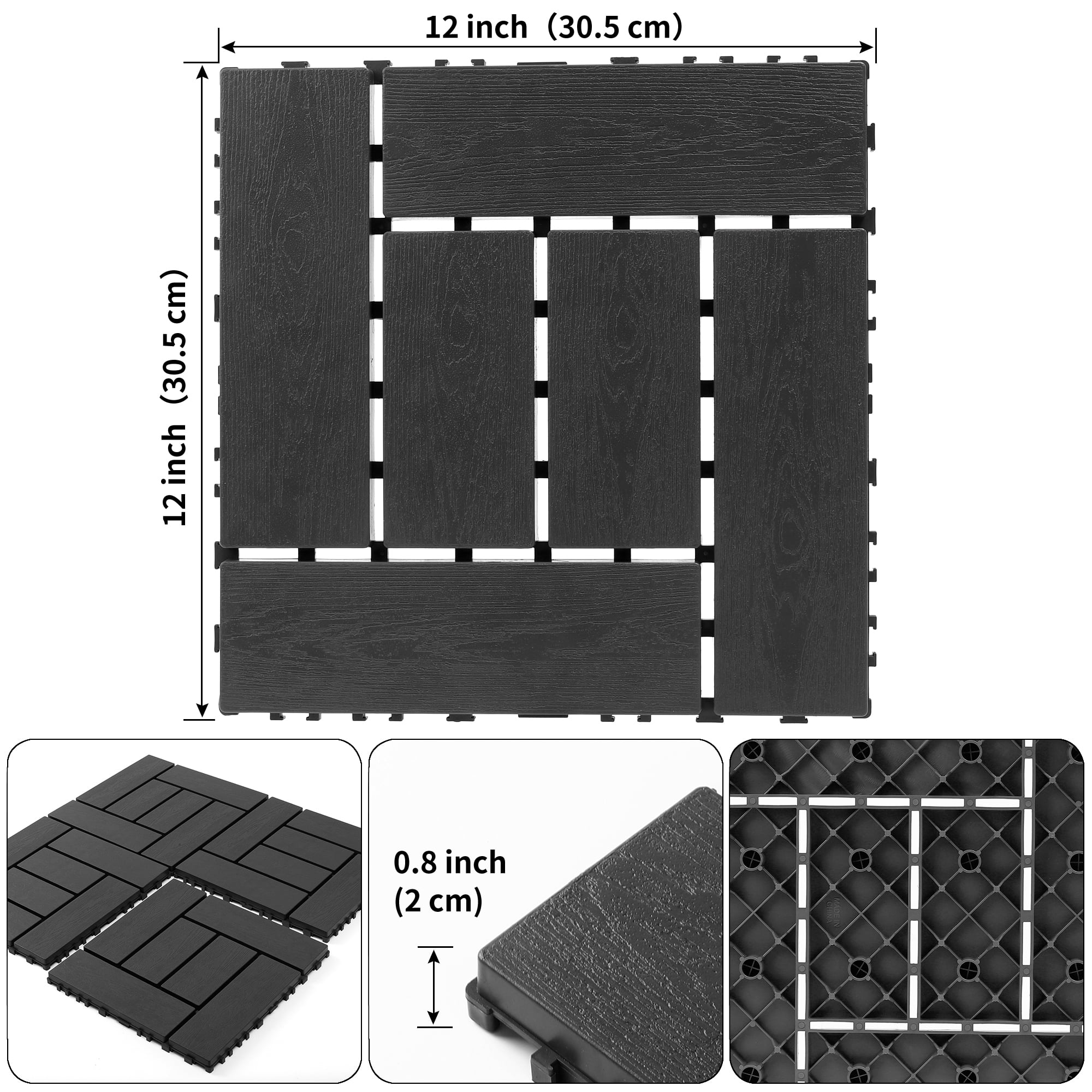 44 Pack Plastic Interlocking Deck Tiles,12"x12" Waterproof Indoor/Outdoor Floor Tiles,All-Weather Patio Floor Decking Tiles for Garden,Lawn,Porch,Poolside,Balcony,ZZ Style,Grey