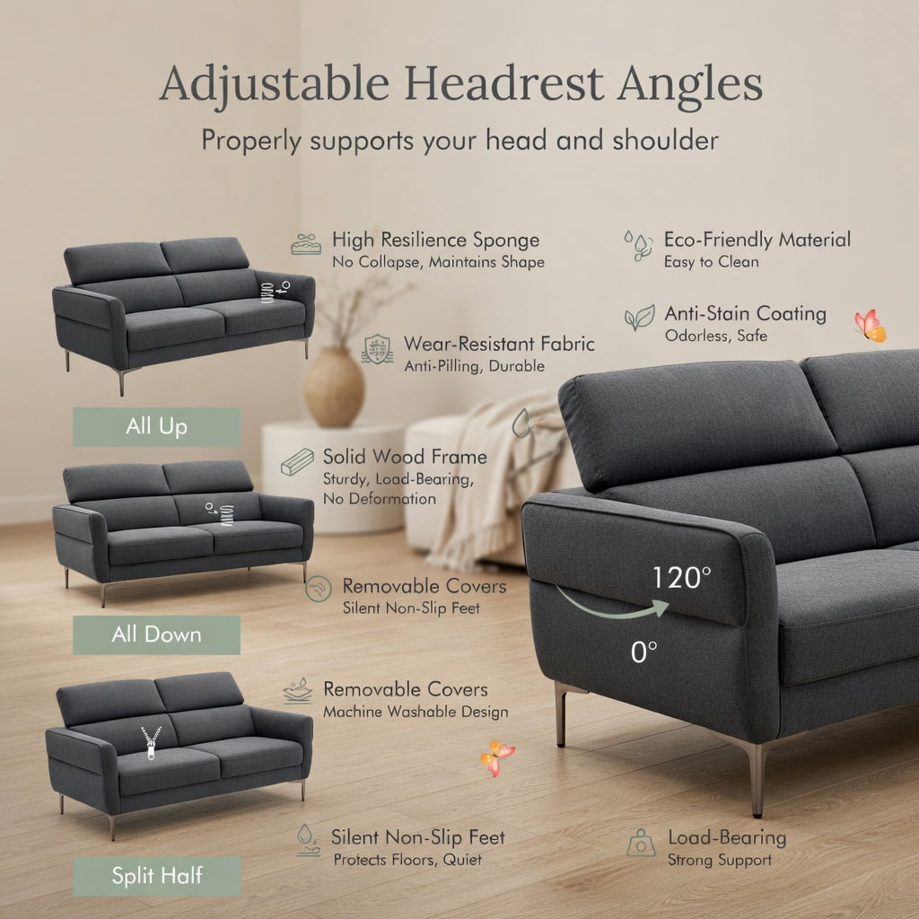 Hommoo 72.5" Modern Fabric Loveseat Sofa with Adjustable Lift-Up Headrest, High-Density Foam Cushion, Compact Living Room Sofa, Gray