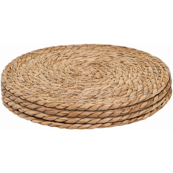 Defined Deco Woven Placemats Set of 4,13" Round Rattan Placemats,Natural Hand-Woven Water Hyacinth Placemats,Farmhouse Weave Place Mats,Rustic Braided Wicker Table Mats for Dining Table,Home,Wedding.