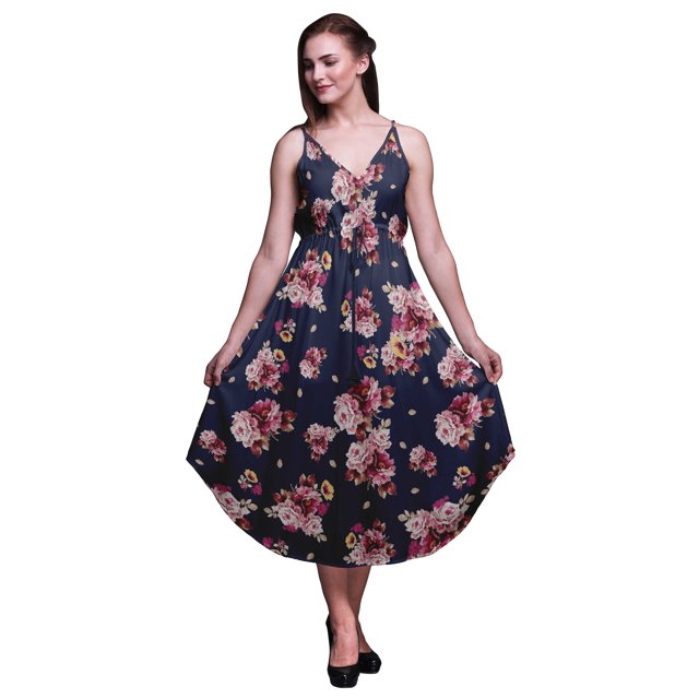 Bimba Robe Midi d'Été Imprimée à Fleurs pour Femmes Col en V Tenue de Vacances-Moyenne