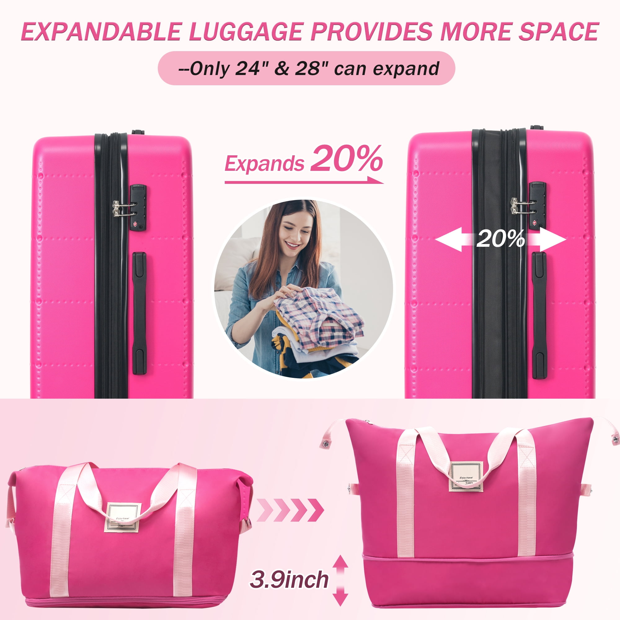 Euroco Luggage Sets 5 Piece, ABS Hardside Expandable Suitcase Set with TSA Lock Spinner Wheels and 2 Bags,20" Half-opening Carry on Luggage with USB Port for Travel,Pink(20"/24"/28")