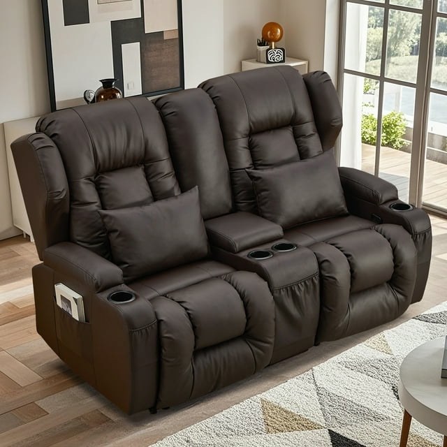 IPKIG Loveseat Recliner Sofa, Double Manual Recliner RVs Sofa with Storage Console, Side Pockets Cup Holder, Wingback Loveseat Reclining Couch for Living Room, Bedroom, RVs, Brown