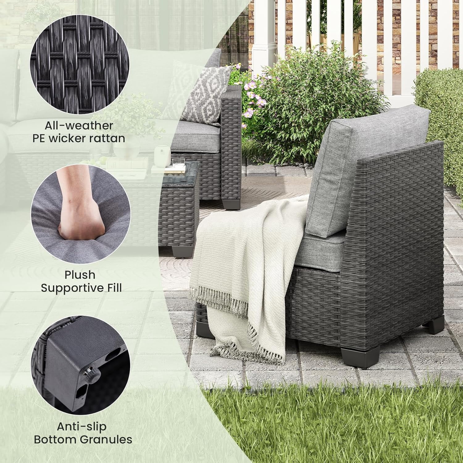 STARY Outdoor Wicker conversation sets, 7 Pieces Patio Furniture Sofa Set with Coffee Table, All Weather for Garden, Backyard, Balcony (Dark Gray)
