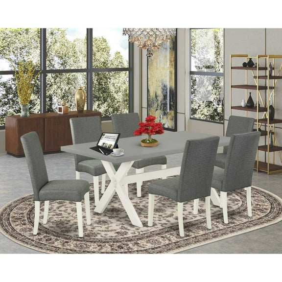 East West Furniture X097DR207-7 7-Pc Dining Table Set - 6 Upholstered Dining Chairs and 1 Modern Rectangular Cement Kitchen Dining Table Top with High Chair Back - Linen White Finish