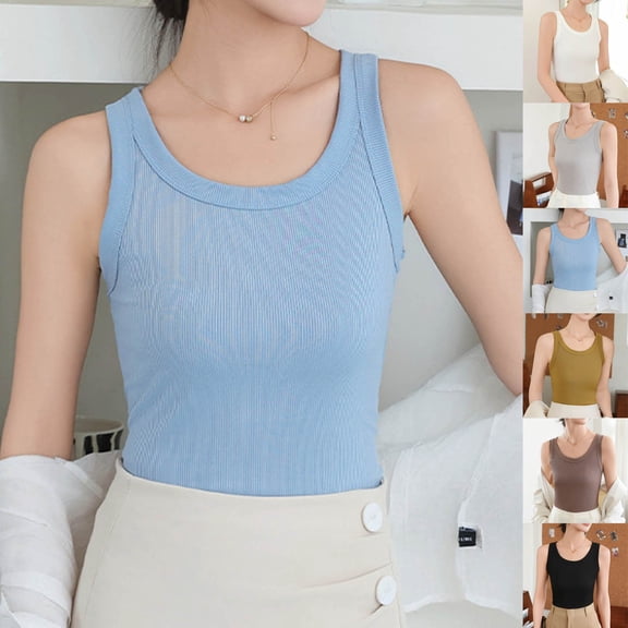 Fengqque Women's Round Neck Basic Racerback Camisole Rib-Knit Slim Fit Solid Sleeveless Tank Tops Yellow XL(XL)