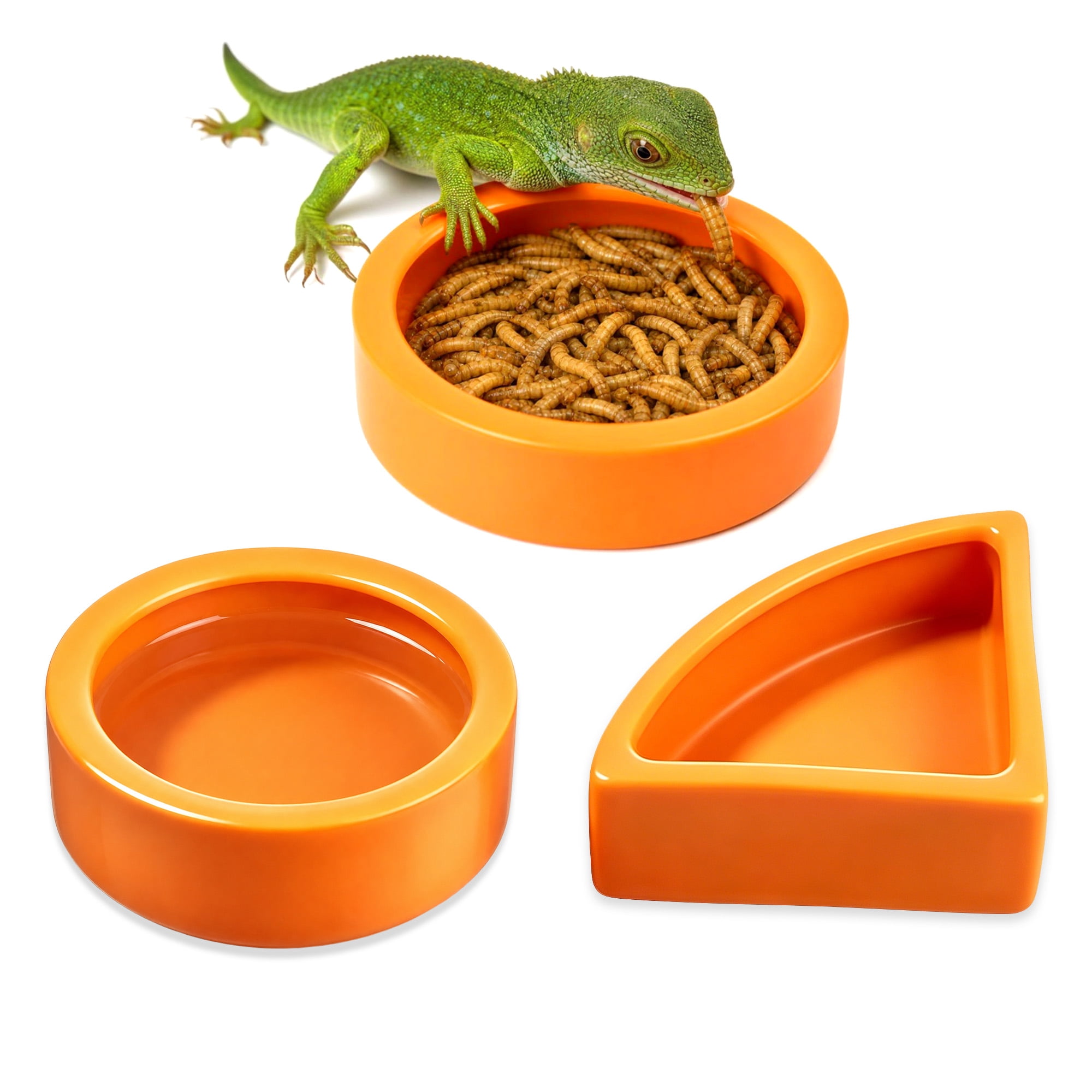 Semfri Orange Ceramic Reptile Food Bowl 3Pcs, Escape Proof Inner Rim Easy Clean Corner Placement Feeding Dish for Bearded Dragon, Lizard, Gecko, Snake Terrarium Feeder Water Di