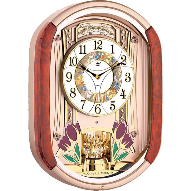 Musical Motion Wall Clock | Melodies and Rhythm Moving Face | Color:  Woodgrain and Gold with Crystal 