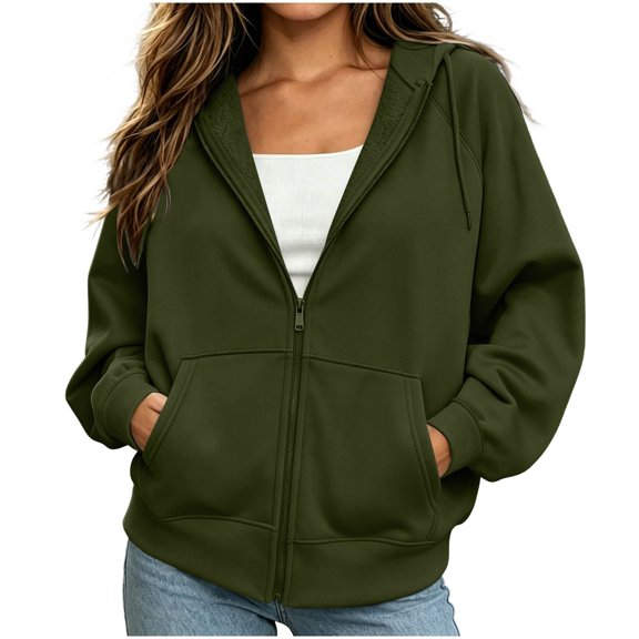 Qiopertar Hoodies for Women Zip Up Fleece Hoodie Long Sleeve Casual Oversized Sweatshirt Solid Color Drawstring Kangaroo Pocket Fall Winter Spring Tops Army Green L
