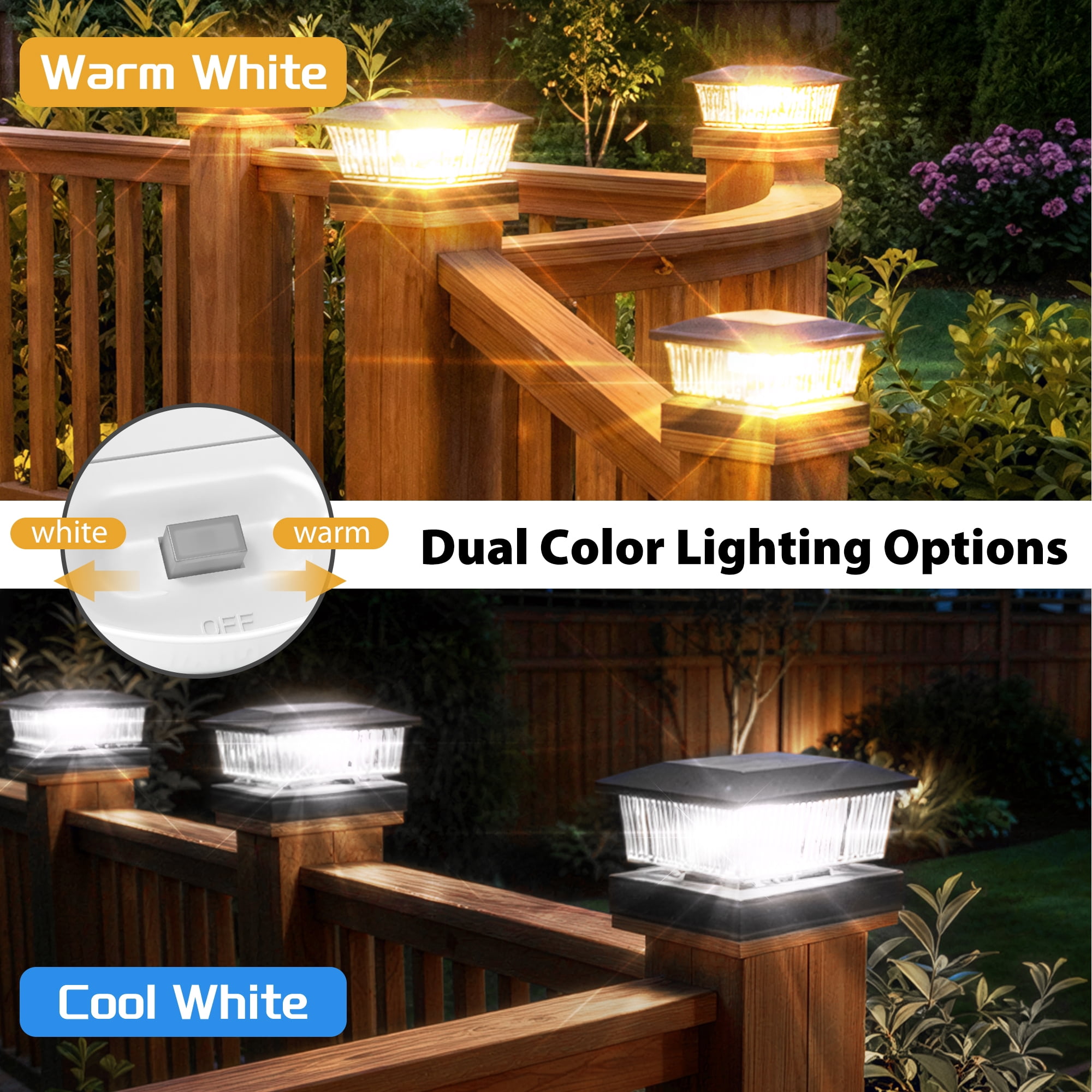 8PK 4”x4“ Solar Post Cap Lights, Fits 4 x 4 Wooden/Vinyl Posts, 32 LED Dual Color Cool White & Warm White, Solar Fence Post Lights 800mAh Outdoor Solar Lights