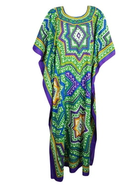 Mogul Women Summer Caftan Maxi dresses, Boho Green Printed Loose Dress Beach Kaftan Lounge Wear 3XL