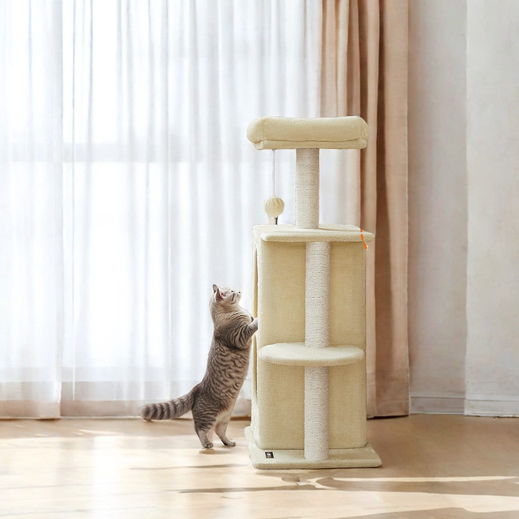 LEDREM 2-Level Cat Tree with Plush Caves & Scratching Posts, Compact Cat Tower for Indoor Cats and Kittens, Anti-Tip Design, Sand Beige