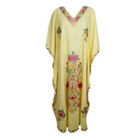 Mogul Women Lemon Yellow Maxi Dress Kaftan Embellished Cotton Floral Embroidered Lounger Resort Wear Caftan Housedress 4XL