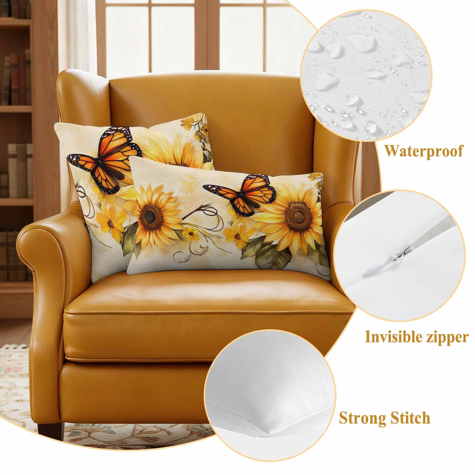 Pack of 2 Outdoor Pillow Covers 18x18 Inch Waterproof Sunflower Throw Pillow Covers, Decorative Couch Pillow Case Sham Butterfly Spring Floral Retro Pillowcases Cushion Covers for Patio Garden
