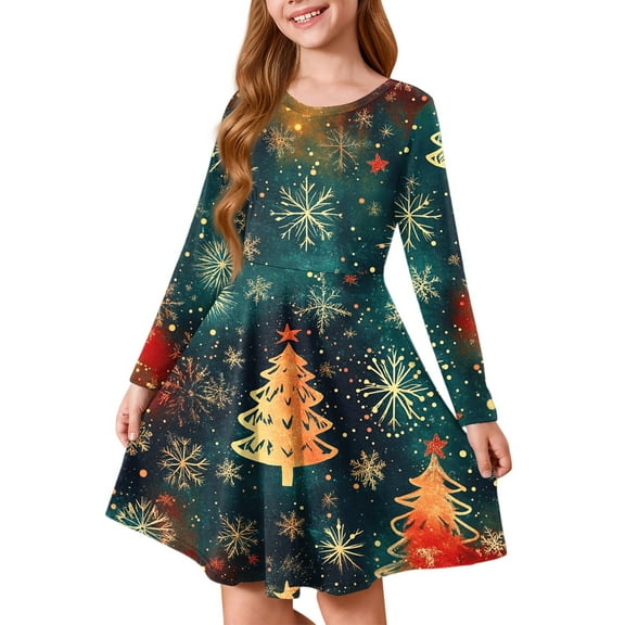 FAOWME Big Child Girls Dress Long Sleeve Round Neck Christmas Tree Print Stylish Comfortable Dresses For Holiday Party Navy 4-5 Years