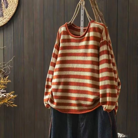 ClodeEU Women's Round Neck Striped Sweaters,Oversized Knit Pullover ,Fall Fashion Sweater Jumpers Tops Orange,Womens Plus XXL