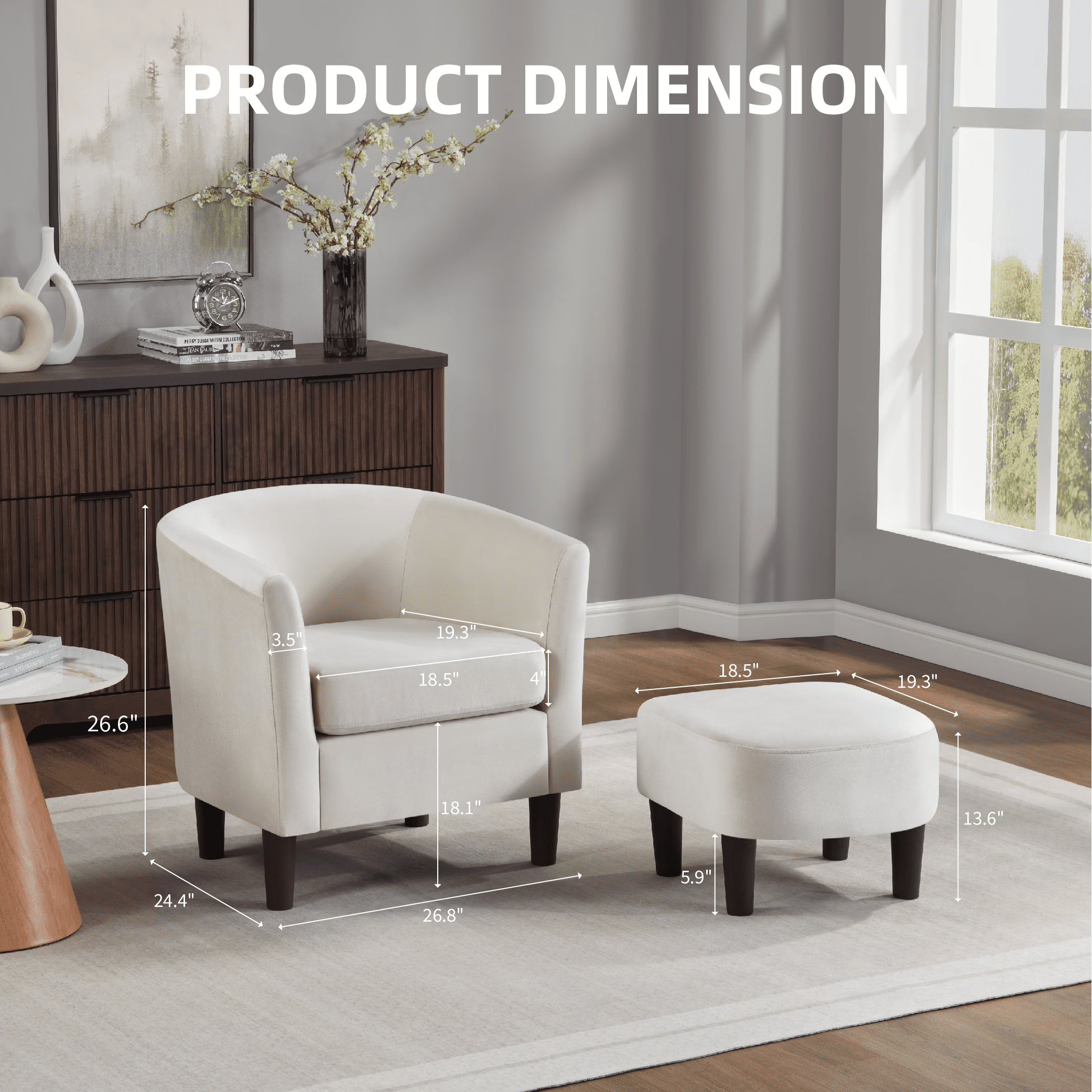 Accent Barrel Chair with Ottoman, Modern Club Chair Comfy Reading Armchair with Footrest for Living Room, White