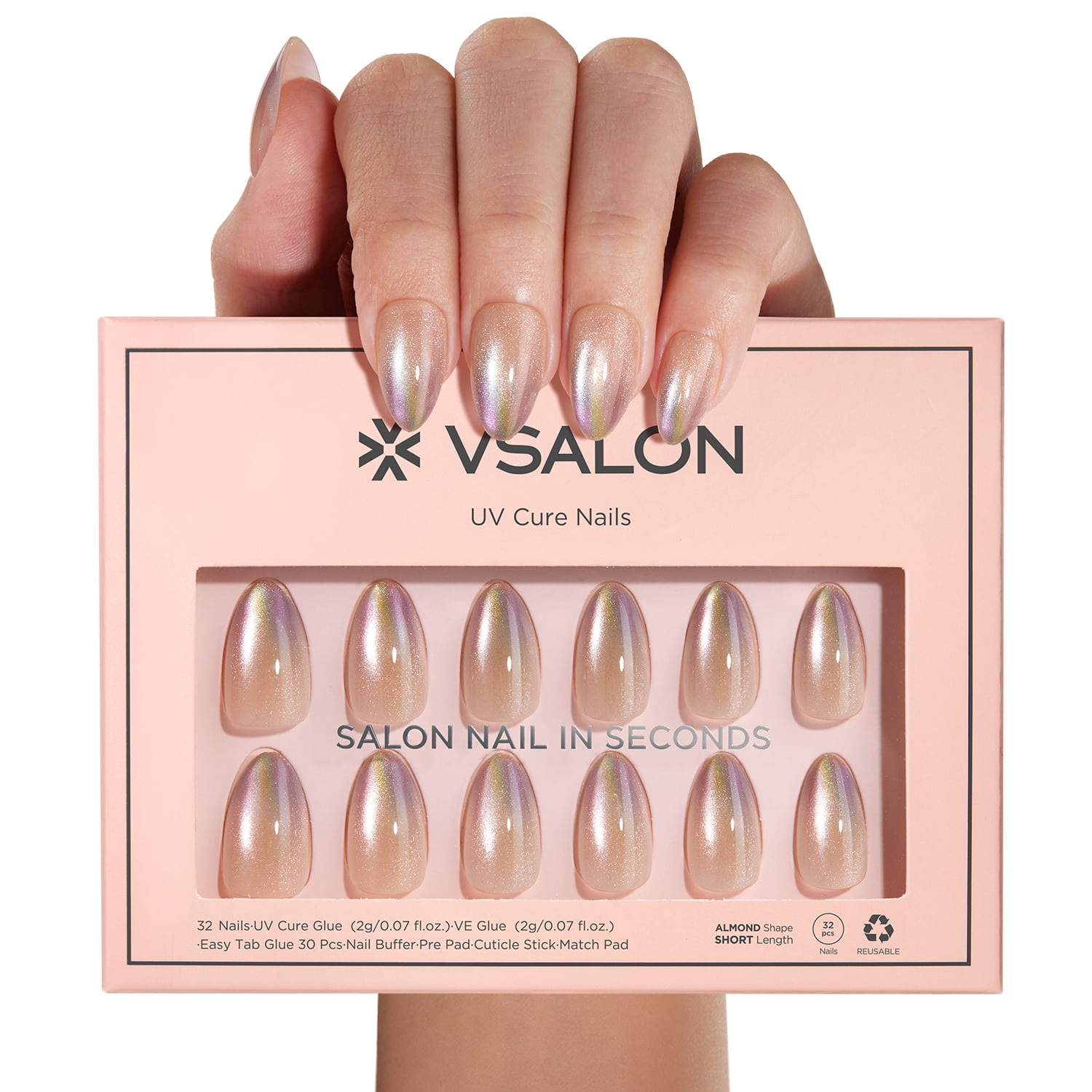 VSALON Press On Nails Short Almond, 32 Pcs 16 Sizes Cat Eye Press On Nails Purple Green Ombre Sparkly Shimmer Soft Gel Fake Nails With UV Glue Reusable Stick On Nails Fall Wedding Gifts For Women