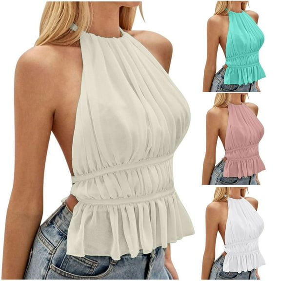 Dagugfen Womens Tops Ruffle Halter Neck Camisole Sleeveless Open Back Cute Party Going out Tops Flowy