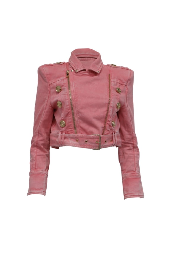 Pre-Owned Balmain Belted Cropped Denim Jacket in Pink Cotton