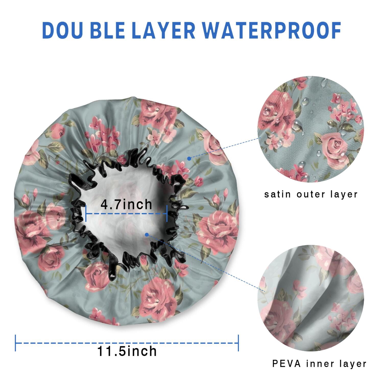 Shower Caps,Pioneer Flower Floral Print Pattern Waterproof Shower Cap for Women 4 Pieces,Double Reusable Hair Cover for Shower PEVA Elastic Stretch Hem