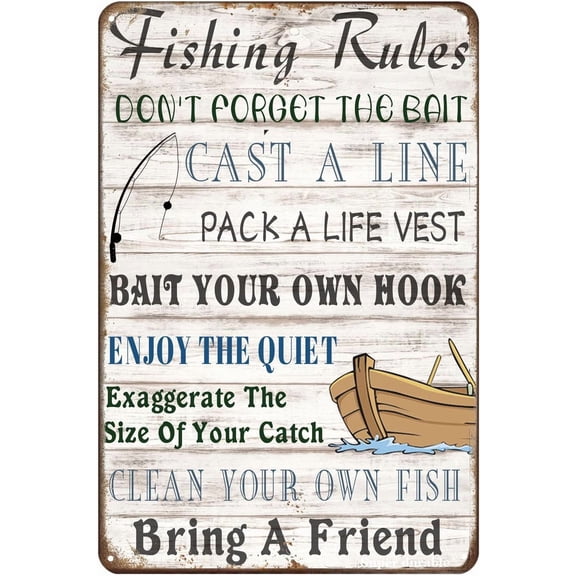 Fishing Rules Metal Funny Tin Sign Vintage Pool Signs Wall Decor for Home Outdoor Lake Deck Sign 12x8 Inches