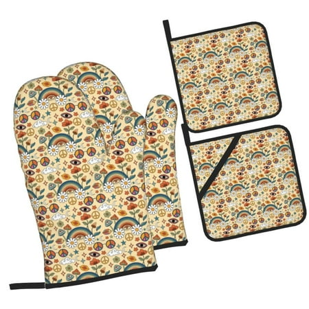 

Zeuib 70s Hippie Style Oven Mitts and Potholders BBQ Gloves Kitchen Oven Glove High Heat Resistant 500 Degree Extra Long Oven Mitts and Potholder with Non-Slip Silicone Surface for Cooking
