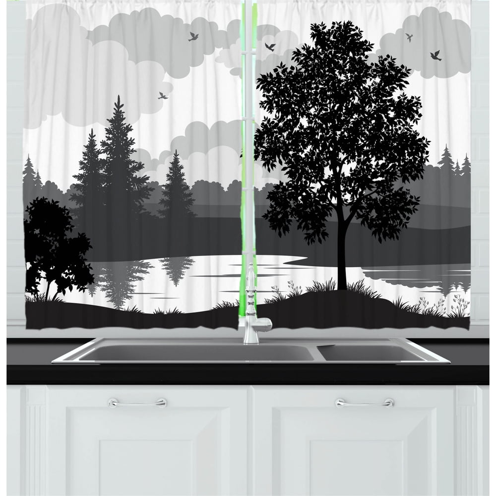 Nature Curtains 2 Panels Set, Nature Theme Landscape with Trees Birds