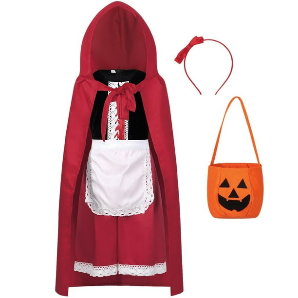 Disfraz De Caperucita Roja Para Niña – Vestido Rojo Con Capa, Capucha, Delantal Y Bandana, Ideal Para Carnaval Y Halloween, Tallas Variadas